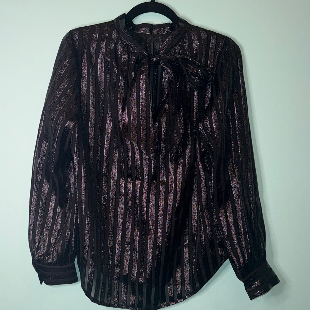 NWT J.Crew Black Metallic Stripe Tie-Neck Blouse Sz S - Picture 2 of 9